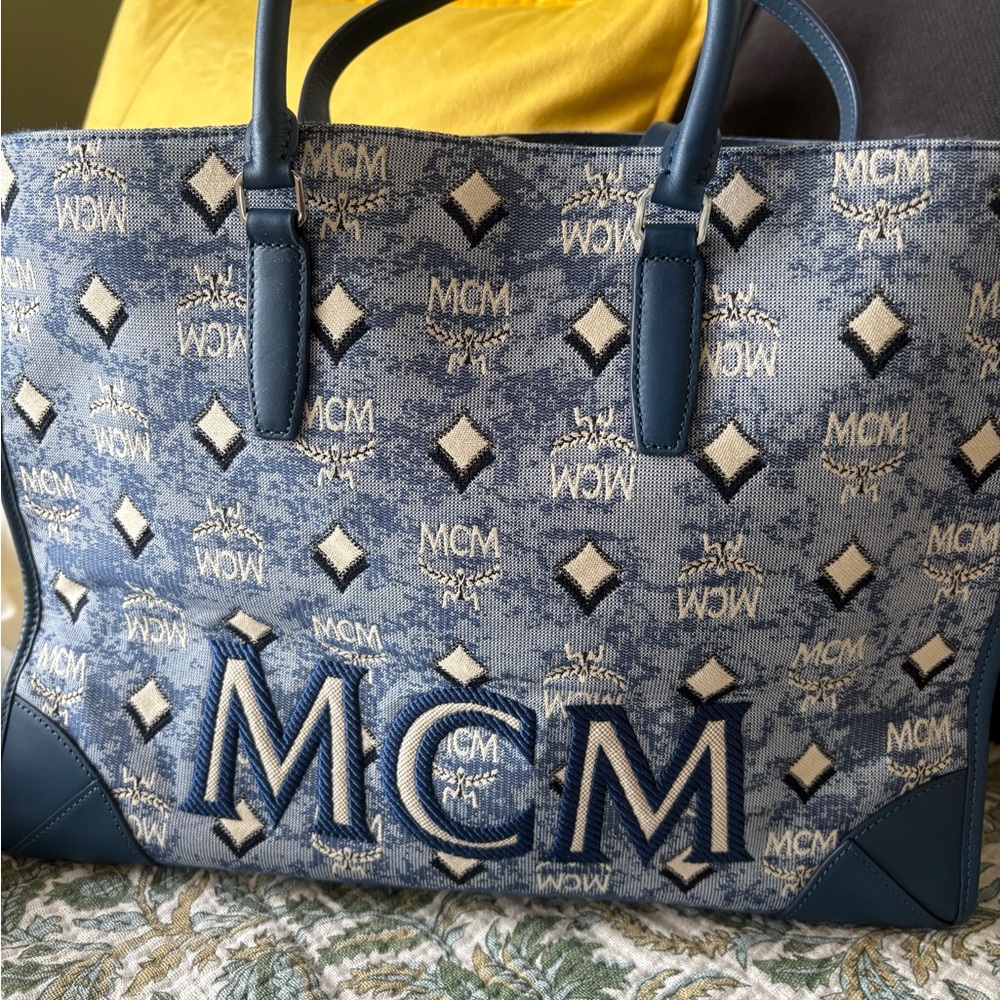MCM Blue Jacquard Logo Tote with Navy Trim